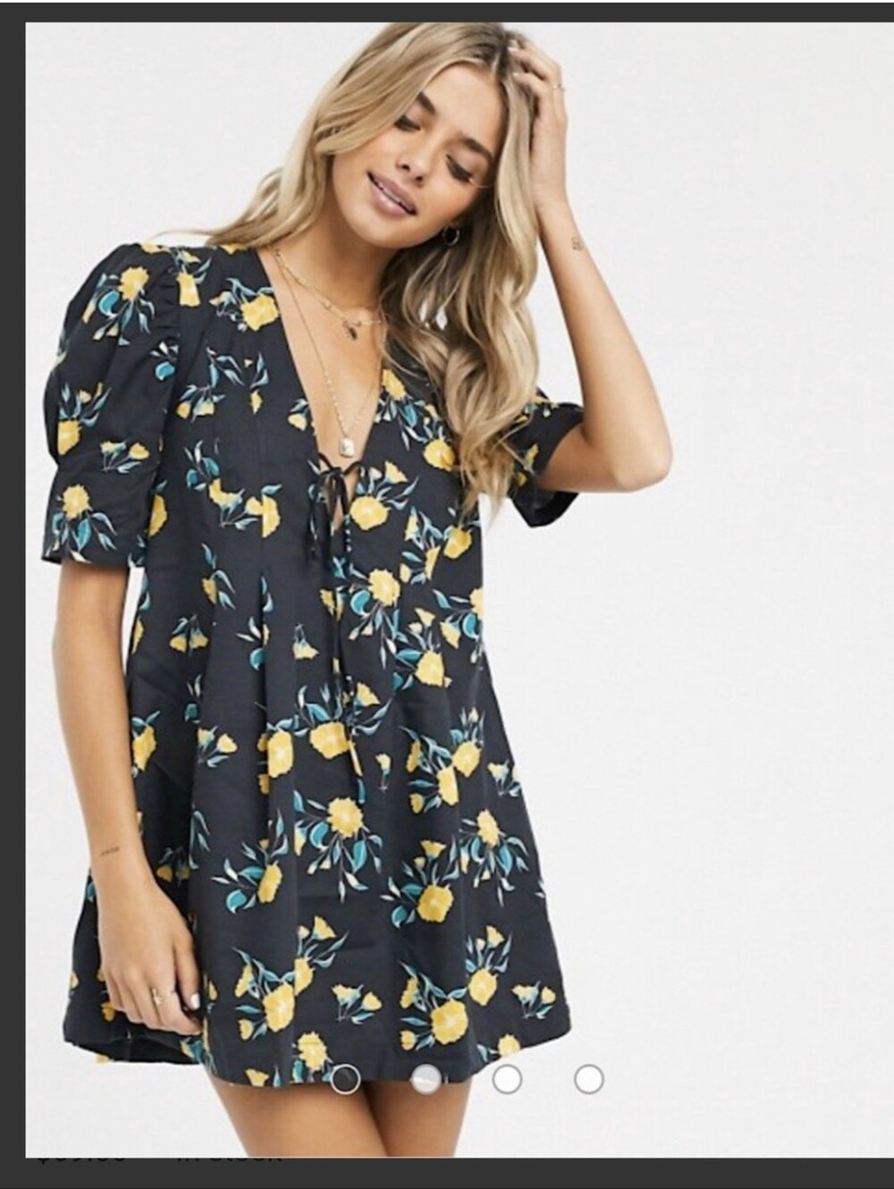 Free People Adele Floral Puff Sleeve V-Neck Mini Dress Black Yellow XS New